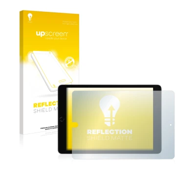 Parte frontal de un envase de producto con el logotipo de la marca upscreen. Al lado se muestra el dispositivo Apple iPad 10.2