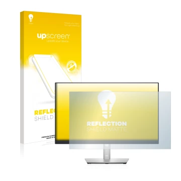 Parte frontal de un envase de producto con el logotipo de la marca upscreen. Al lado se muestra el dispositivo Dell P2422HE co