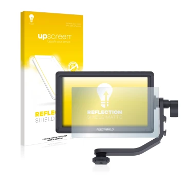 Parte frontal de un envase de producto con el logotipo de la marca upscreen. Al lado se muestra el dispositivo Feelworld FW568
