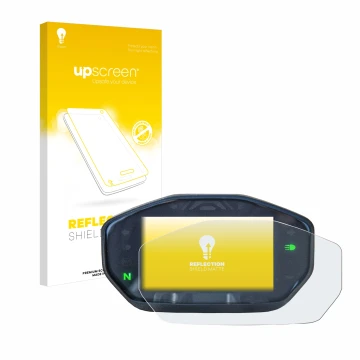 Parte frontal de un envase de producto con el logotipo de la marca upscreen. Al lado se muestra el dispositivo Ducati Monster 