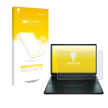 Parte frontal de un envase de producto con el logotipo de la marca upscreen. Al lado se muestra el dispositivo HP Spectre x360