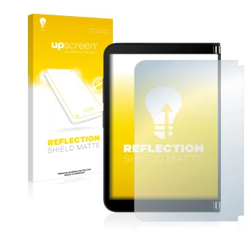 Parte frontal de un envase de producto con el logotipo de la marca upscreen. Al lado se muestra el dispositivo Microsoft Surfa