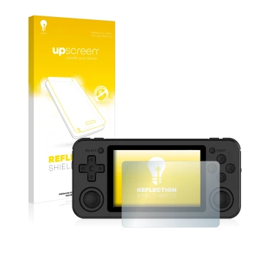 Parte frontal de un envase de producto con el logotipo de la marca upscreen. Al lado se muestra el dispositivo Anbernic RG351P