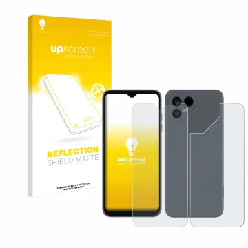 Parte frontal de un envase de producto con el logotipo de la marca upscreen. Al lado se muestra el dispositivo Fairphone 4 (Fr