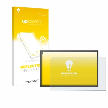 Parte frontal de un envase de producto con el logotipo de la marca upscreen. Al lado se muestra el dispositivo Amazon Echo Sho