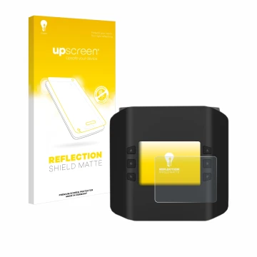 Parte frontal de un envase de producto con el logotipo de la marca upscreen. Al lado se muestra el dispositivo ISDT Smart Duo 
