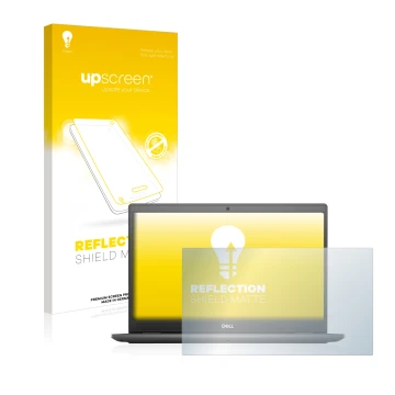 Parte frontal de un envase de producto con el logotipo de la marca upscreen. Al lado se muestra el dispositivo Dell Latitude 3