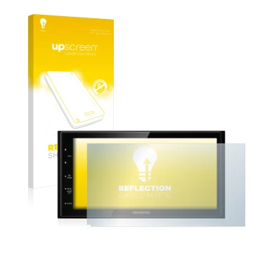 Parte frontal de un envase de producto con el logotipo de la marca upscreen. Al lado se muestra el dispositivo Kenwood DMX5020