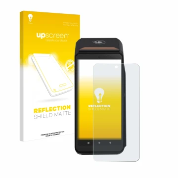 Parte frontal de un envase de producto con el logotipo de la marca upscreen. Al lado se muestra el dispositivo ingenico Axium 