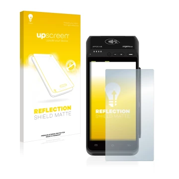 Parte frontal de un envase de producto con el logotipo de la marca upscreen. Al lado se muestra el dispositivo ingenico Apos A