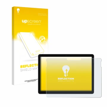 Parte frontal de un envase de producto con el logotipo de la marca upscreen. Al lado se muestra el dispositivo Microsoft Surfa