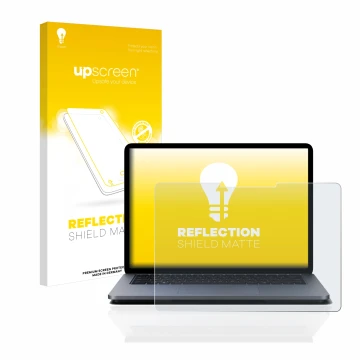 Parte frontal de un envase de producto con el logotipo de la marca upscreen. Al lado se muestra el dispositivo Microsoft Surfa