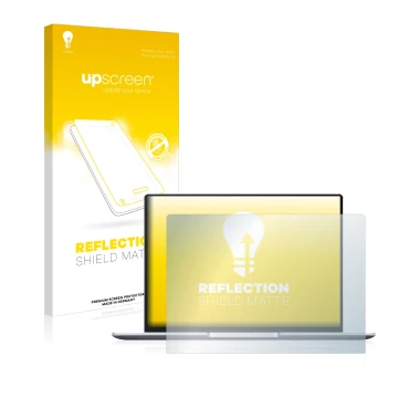 Parte frontal de un envase de producto con el logotipo de la marca upscreen. Al lado se muestra el dispositivo Huawei MateBook