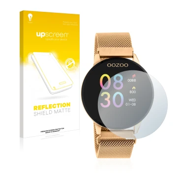 Parte frontal de un envase de producto con el logotipo de la marca upscreen. Al lado se muestra el dispositivo Oozoo Q00117 co