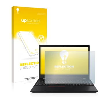 Parte frontal de un envase de producto con el logotipo de la marca upscreen. Al lado se muestra el dispositivo Lenovo ThinkPad