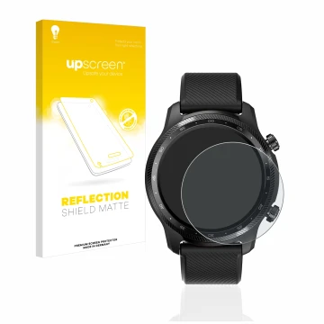Parte frontal de un envase de producto con el logotipo de la marca upscreen. Al lado se muestra el dispositivo Mobvoi Ticwatch