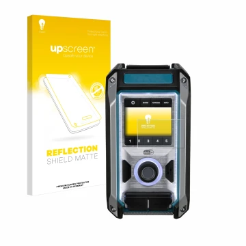 Parte frontal de un envase de producto con el logotipo de la marca upscreen. Al lado se muestra el dispositivo Makita DMR115 c