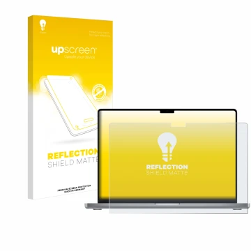 Parte frontal de un envase de producto con el logotipo de la marca upscreen. Al lado se muestra el dispositivo Apple MacBook P