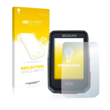 Parte frontal de un envase de producto con el logotipo de la marca upscreen. Al lado se muestra el dispositivo Sigma ROX 2.0 c