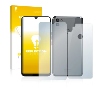 Parte frontal de un envase de producto con el logotipo de la marca upscreen. Al lado se muestra el dispositivo Gigaset GS5 (Fr