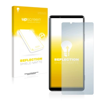 Parte frontal de un envase de producto con el logotipo de la marca upscreen. Al lado se muestra el dispositivo Sony Xperia Pro