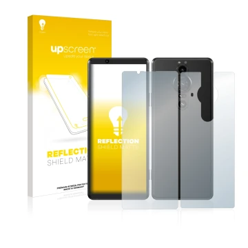 Parte frontal de un envase de producto con el logotipo de la marca upscreen. Al lado se muestra el dispositivo Sony Xperia Pro