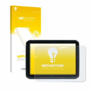 Parte frontal de un envase de producto con el logotipo de la marca upscreen. Al lado se muestra el dispositivo Zebra ET80 con 