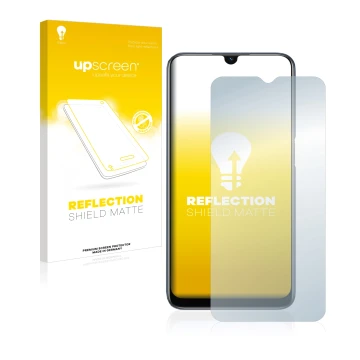 Parte frontal de un envase de producto con el logotipo de la marca upscreen. Al lado se muestra el dispositivo Oppo A54s con s