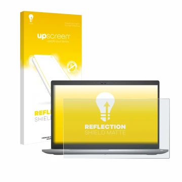 Parte frontal de un envase de producto con el logotipo de la marca upscreen. Al lado se muestra el dispositivo Dell Latitude 5