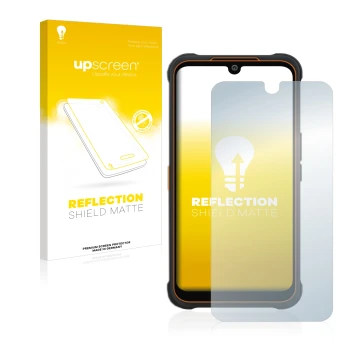 Parte frontal de un envase de producto con el logotipo de la marca upscreen. Al lado se muestra el dispositivo AGM Glory Pro c