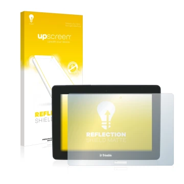 Parte frontal de un envase de producto con el logotipo de la marca upscreen. Al lado se muestra el dispositivo Trimble GFX-750