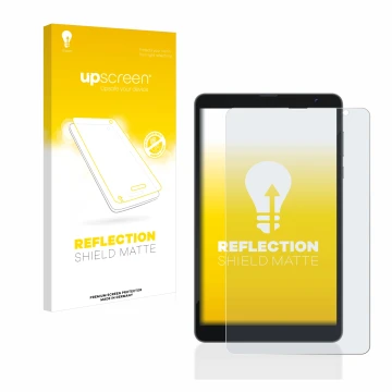 Parte frontal de un envase de producto con el logotipo de la marca upscreen. Al lado se muestra el dispositivo Blackview Tab 6