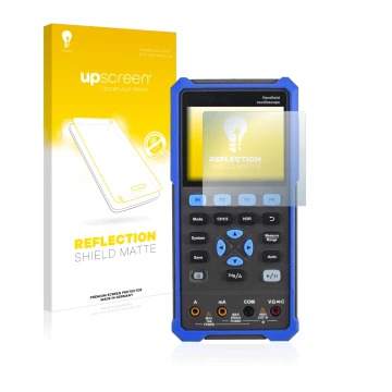 Parte frontal de un envase de producto con el logotipo de la marca upscreen. Al lado se muestra el dispositivo Owon HDS 200 Se