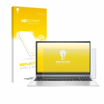Parte frontal de un envase de producto con el logotipo de la marca upscreen. Al lado se muestra el dispositivo HP EliteBook 85
