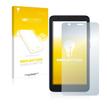 Parte frontal de un envase de producto con el logotipo de la marca upscreen. Al lado se muestra el dispositivo ZTE Blade L9 co