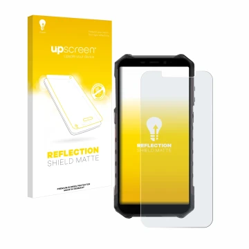 Parte frontal de un envase de producto con el logotipo de la marca upscreen. Al lado se muestra el dispositivo Ulefone Armor X