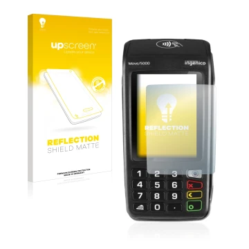 Parte frontal de un envase de producto con el logotipo de la marca upscreen. Al lado se muestra el dispositivo ingenico Move 5