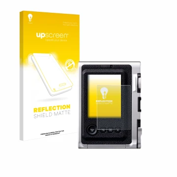 Parte frontal de un envase de producto con el logotipo de la marca upscreen. Al lado se muestra el dispositivo Fujifilm Instax