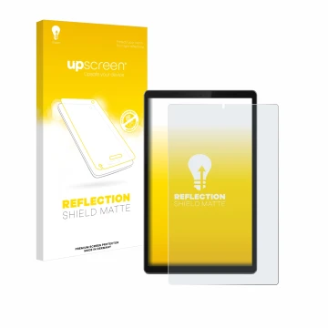 Parte frontal de un envase de producto con el logotipo de la marca upscreen. Al lado se muestra el dispositivo Lenovo Tab TB-X