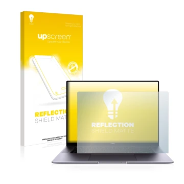 Parte frontal de un envase de producto con el logotipo de la marca upscreen. Al lado se muestra el dispositivo Huawei MateBook