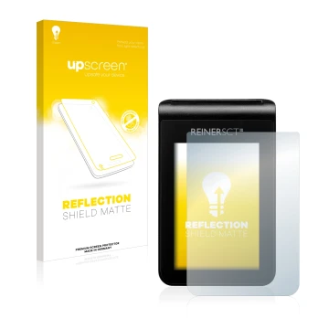 Parte frontal de un envase de producto con el logotipo de la marca upscreen. Al lado se muestra el dispositivo REINER SCT tanJ
