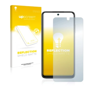 Parte frontal de un envase de producto con el logotipo de la marca upscreen. Al lado se muestra el dispositivo Xiaomi Redmi No