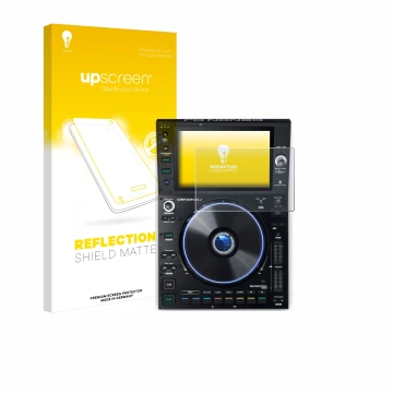 Parte frontal de un envase de producto con el logotipo de la marca upscreen. Al lado se muestra el dispositivo Denon DJ SC6000