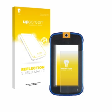 Parte frontal de un envase de producto con el logotipo de la marca upscreen. Al lado se muestra el dispositivo Vtech Kidicom M