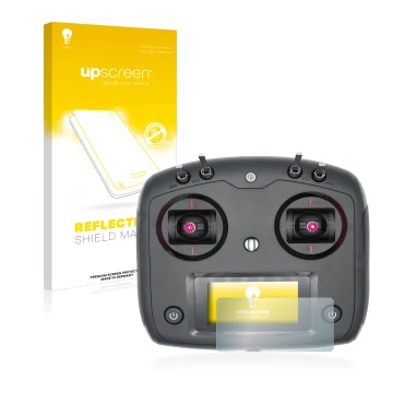 Parte frontal de un envase de producto con el logotipo de la marca upscreen. Al lado se muestra el dispositivo FlySky FS-i6S c