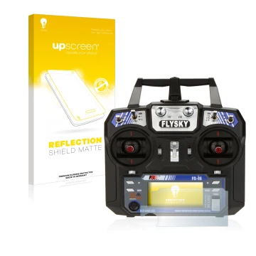 Parte frontal de un envase de producto con el logotipo de la marca upscreen. Al lado se muestra el dispositivo FlySky FS-i6 co