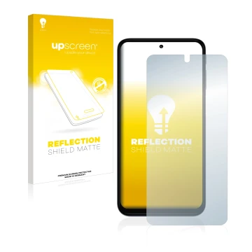Parte frontal de un envase de producto con el logotipo de la marca upscreen. Al lado se muestra el dispositivo Motorola Moto G