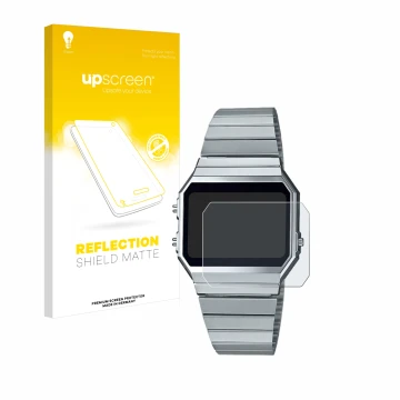 Parte frontal de un envase de producto con el logotipo de la marca upscreen. Al lado se muestra el dispositivo Casio A700WE co