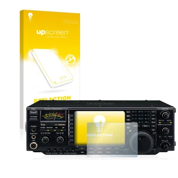 Parte frontal de un envase de producto con el logotipo de la marca upscreen. Al lado se muestra el dispositivo Icom IC-756 Pro