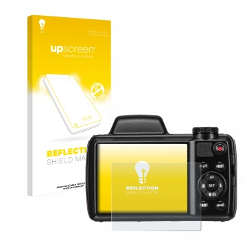 Parte frontal de un envase de producto con el logotipo de la marca upscreen. Al lado se muestra el dispositivo Kodak Pixpro AZ